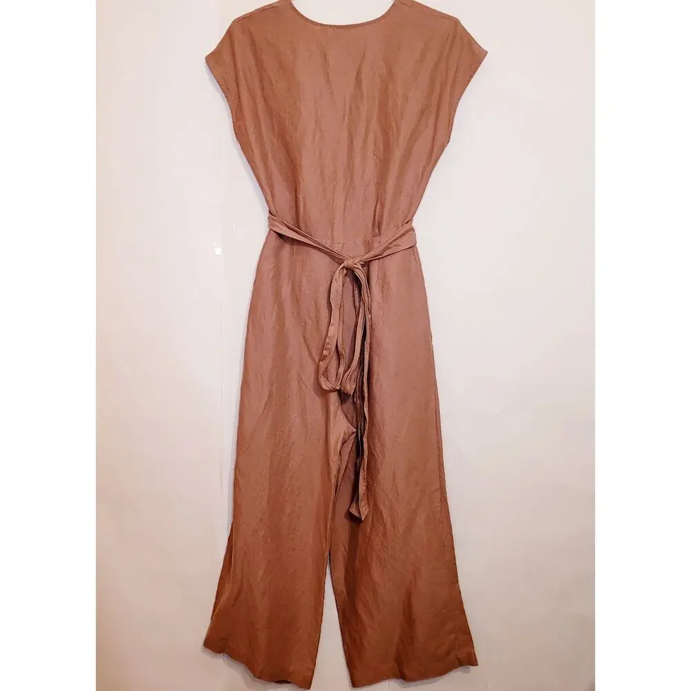 Aritzia Wilfred linen wrap tie brown wide leg jumpsuit Size 2 Boho Minimal